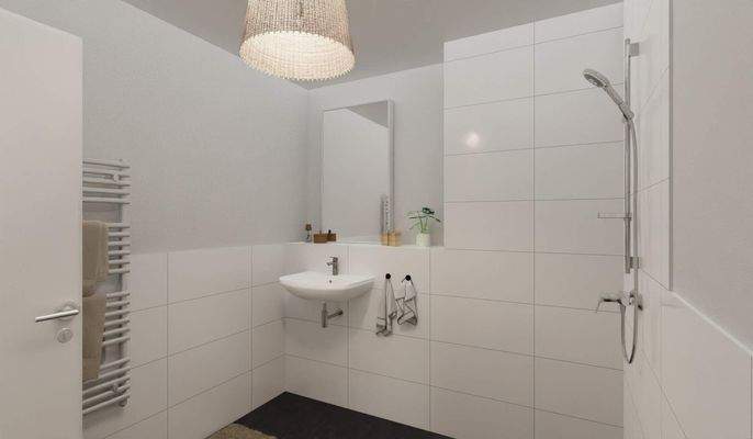 Modern gefliestes Badezimmer mit bodengleicher Dus