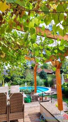 Blick von der Terrasse zum Pool