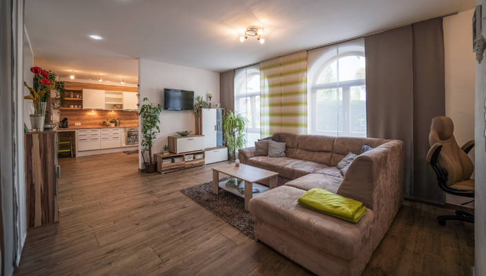 Wohnzimmer mit Blick in die Küche, links im Bild die Schlafnische