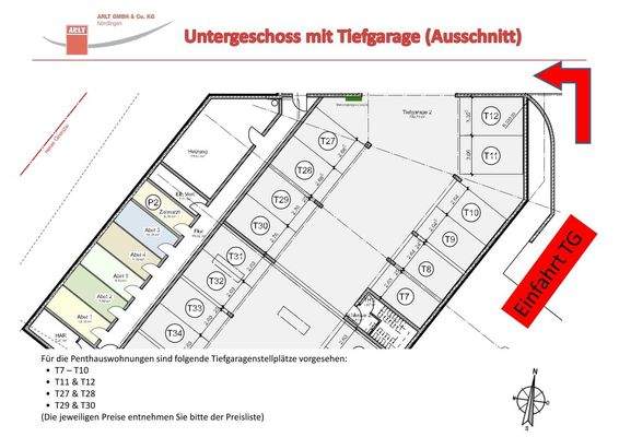 Die Tiefgarage samt Stellplätzen und Kellerräumen