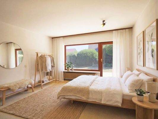 [KI-Einrichtungsbeispiel] Geräumiges Schlafzimmer mit Terrassenzugang