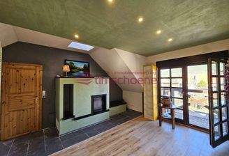 Wohnzimmer mit Kamin und Balkon