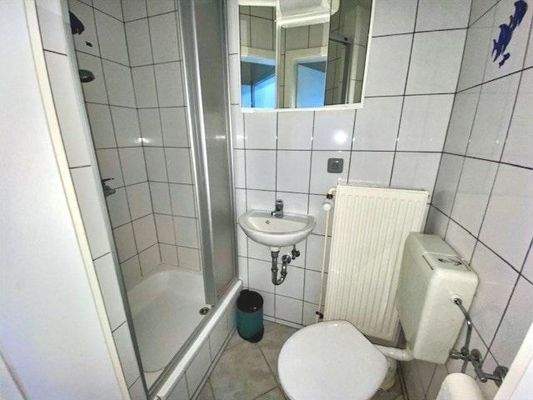 Der Raum bietet ausreichend Platz für Waschbecken, WC und eine Dusche