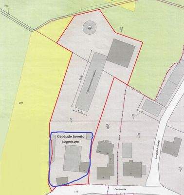 Projektierung eines Bauvorhabens; blaue Linie: Gebäude abgerissen