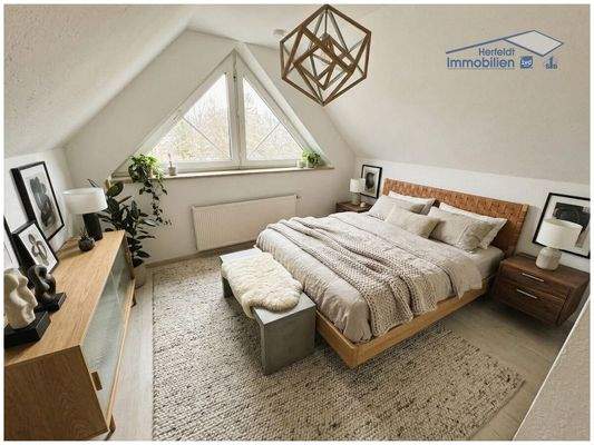 Einrichtungsbeispiel Schlaf-/Kinderzimmer im DG – Visualisierung mit KI