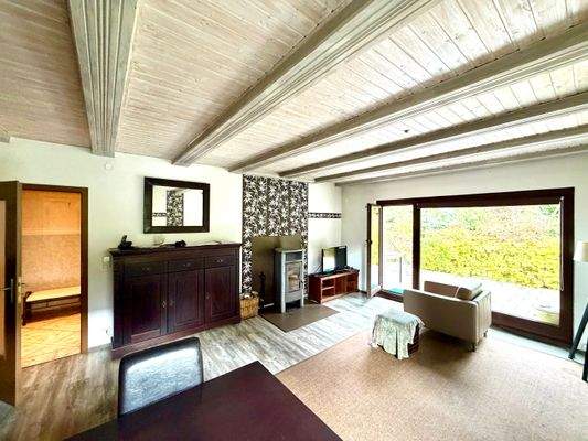 Wohnzimmer mit Kamin und Terrassenzugang