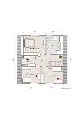 Grundriss Dachgeschoss (nicht maßstabsgerecht, Möblierungsbeispiel)