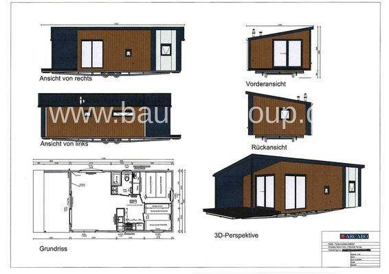 Ansichten, Grundriss und Perspektive