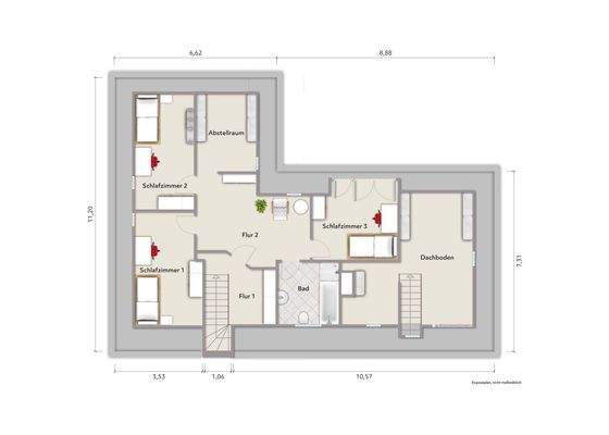 Grundriss Dachgeschoss (nicht maßstabsgerecht, Möblierungsbeispiel)