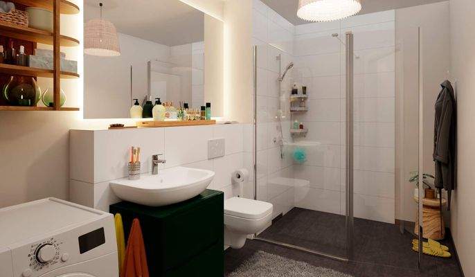 Ein Badezimmer mit bodengleicher Dusche