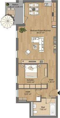 Grundriss Balkon 7,90 m², Wohnen Kochen Essen 44,57 m², Schlafzimmer 14,61 m², Diele 7,30 m², Bad 7,62 m², Hauswirtschaftsraum 5,57 m².JPG