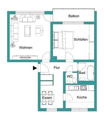 Grundriss einer ca. 58m² großen 2-Zimmer-Wohnung im Erdgeschoss mit Flur, Küche, WC, Badezimmer, Wohnzimmer, Balkon und Schlafzimmer