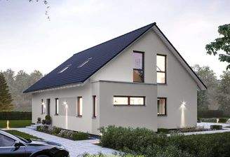 Schräge Ansicht eines modernen massa haus Fertighauses mit heller Fassade, dunklem Satteldach und ve