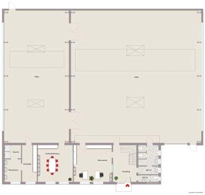 Erdgeschoss: Bürotrakt ( EG/OG: ca. 231 m²) + Produktions- u. Montagehalle (ca. 570 m²)