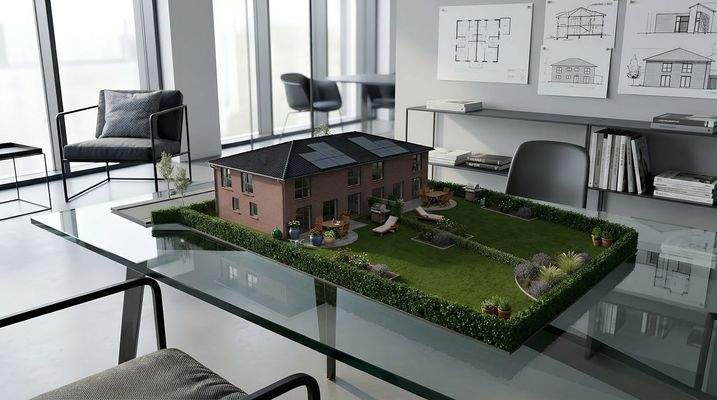 Ein Architekturmodell eines Hauses mit Garten liegt auf einem modernen Glastisch in einem hellen Büro