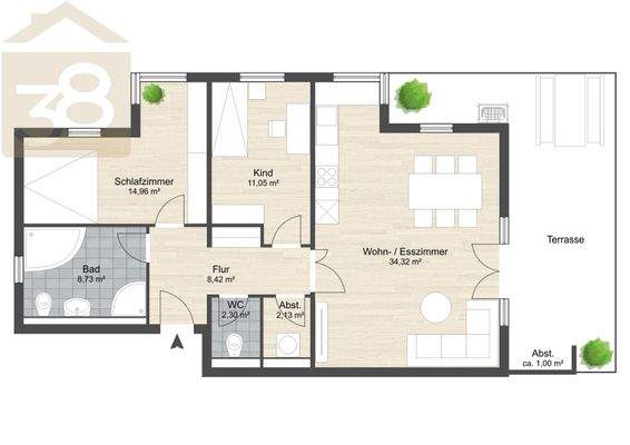 Grundriss mögliche Variante 3 Zimmer