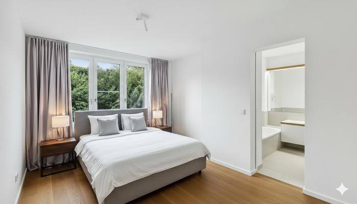 Schlafzimmer mit on Suite Bad (KI möbliert)