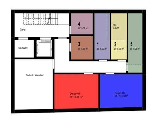 Untergeschoss mit Kellern, Disporäumen und Technik