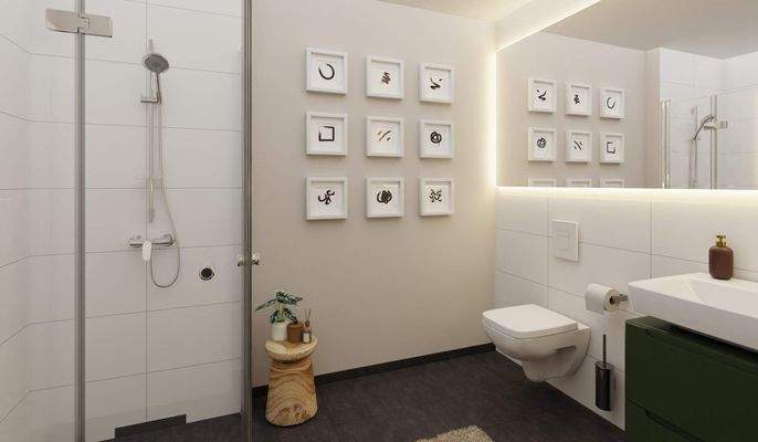 Modern gefliestes Bad mit bodengleicher Dusche