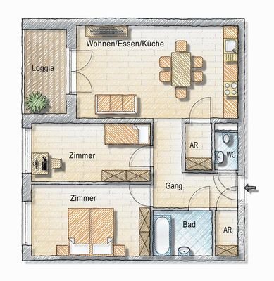 Grundriss - 3 Zimmer