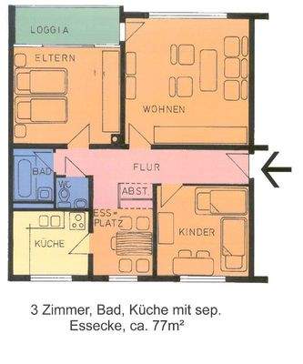 Grundriss mit Wohnzimmer, Schlaf- und Kinderzimmer, Flur, Bad, WC, Küche mit Essplatz und Loggia