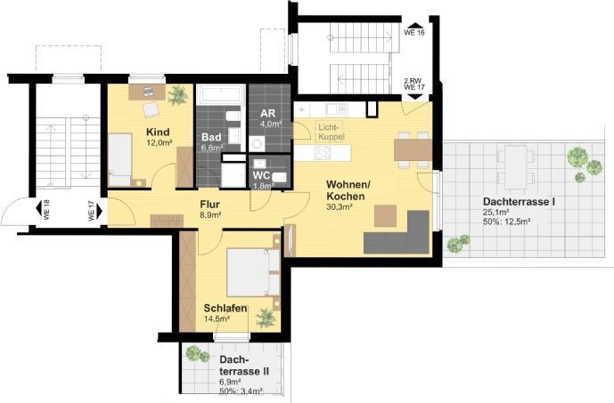 Neubau End-Etage mit zwei sonnigen Dachterrassen.