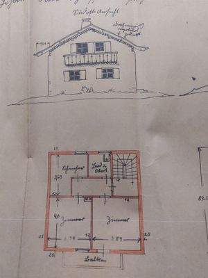 Frontansicht und Grundriss 1. Stock
