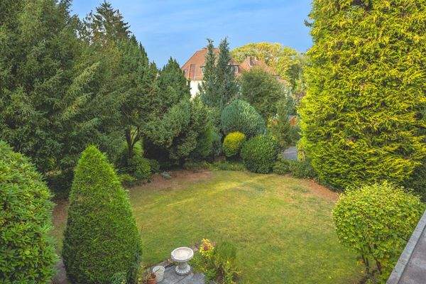 Blick in den Garten von der Terrasse am Wintergarten
