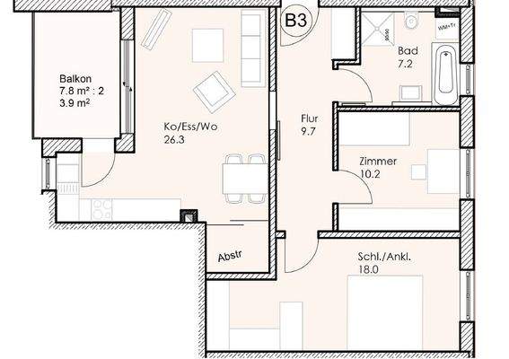 Grundriss zur Wohnung B3 - nicht maßstabsgetreu