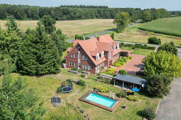 Luftaufnahme Giebel + Pool und überdachter Terrasse