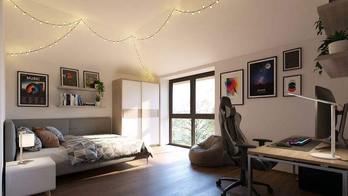 Das helle Kinderzimmer mit Lichterkette kombiniert Schlafbereich und Gaming-Ecke harmonisch