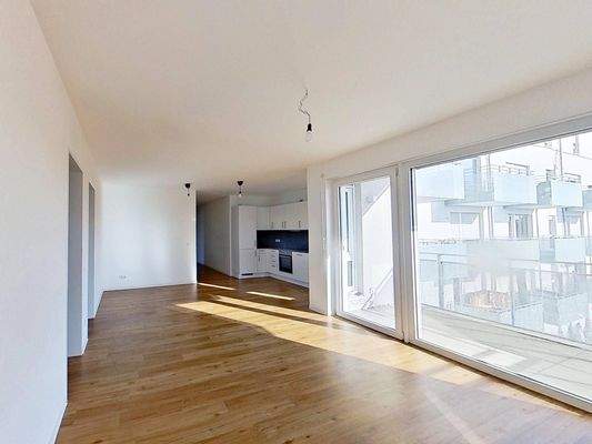 Ansicht III: Wohn- und Esszimmer mit offenem Küchenbereich