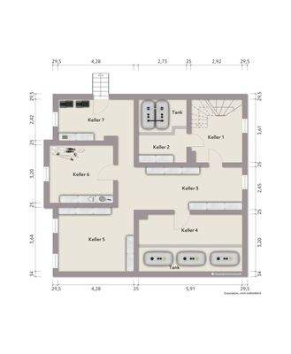 Grundriss Kellergeschoss (nicht maßstabsgerecht, Möblierungsbeispiel)