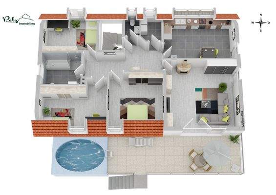 Obergeschoss mit Zugang zum Gartenpool