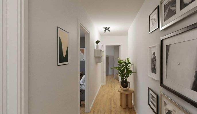Ein breiter Flur ermöglicht die Platzierung von Pflanzen und Deko