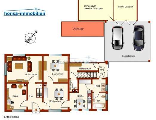 Grundriss Erdgeschoss (der Grundriss ist nicht maßstabsgerecht und gibt lediglich Einrichtungsbeispiele wieder)