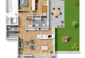 Großzügige 3 Zi-Eigentumswohnung mit 2 Terrassen und eigenem Garten (grüne Flächen)