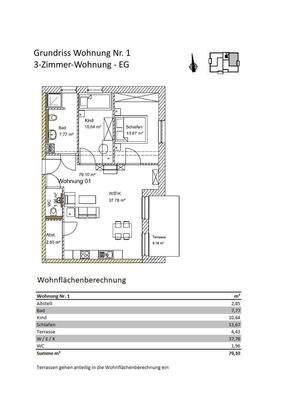 Grundriss + Wohnflächenberechnung Wohnung 01