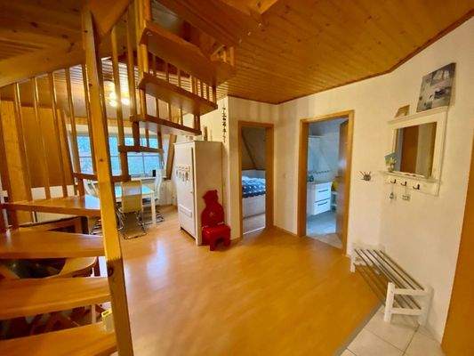 Aussicht von der Küche zum Schlafzimmer und Bad