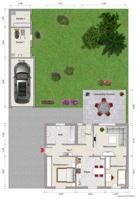 Grundriss Erdgeschoss (nicht maßstabsgerecht, Möblierungsbeispiel)
