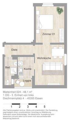 Grundriss farbig / möbliert