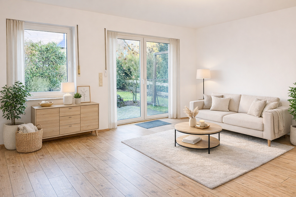 Wohnzimmer mit Zugang zu Terrasse und Garten
