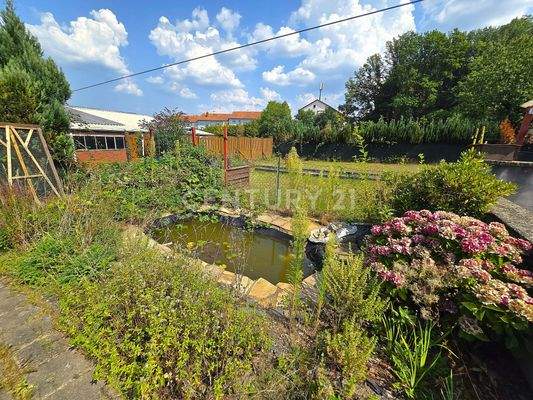 Kleiner attraktiver Gartenteich hinter der Garage 
