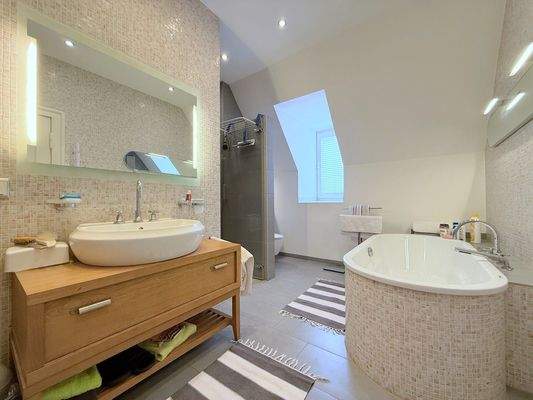 modernes Badezimmer mit freistehender Badewanne und Walk-In-Dusche