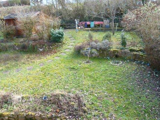 Garten mit Blick auf das Blockhaus