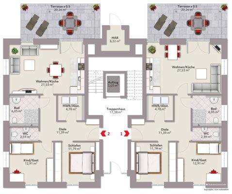 Grundriss Erdgeschoss, Wohnung 1