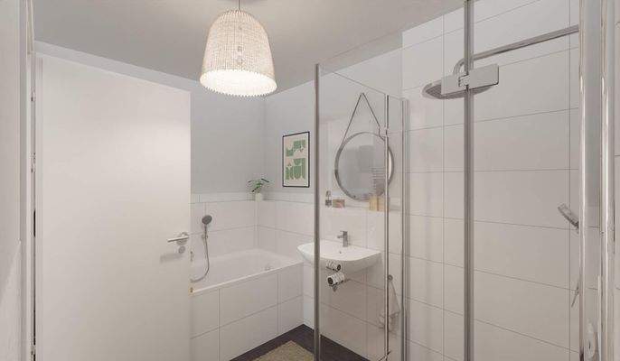 Modern gefliestes Badezimmer mit bodengleicher Dusche und Badewanne