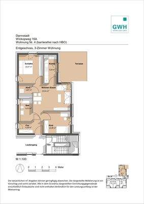 Grundriss mit Flur (6,18 m²), Tageslichtbad (6,52 m²), Küche (7,29 m²), Wohn-Essbereich (23,51 m²), Schlafzimmer (14,97 m²), Kinderzimmer (12,40 m²), Abstellraum (2,87 m²) und Terrasse