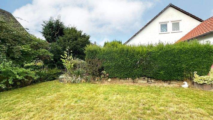 Rückseite mit Hecke um die Terrasse