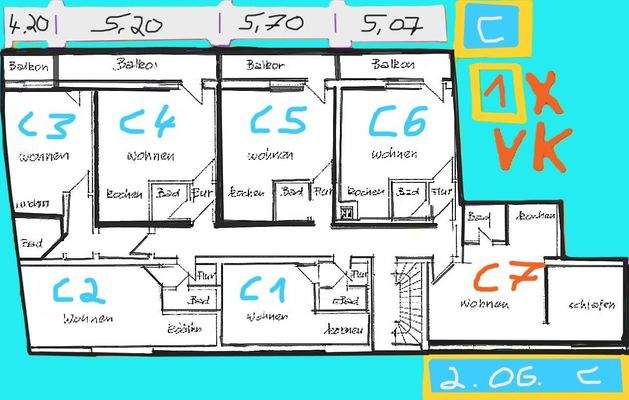 Grundriss 2.OG. mit 1 v. 12 WE. Ebene C